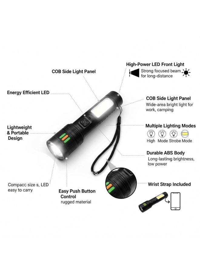 لوكاداه مصباح يدوي LED قابل لإعادة الشحن عبر منفذ USB مزود بإضاءة COB للعمل، مصباح يدوي محمول عالي السطوع، مقاوم للماء، مناسب للطوارئ والتخييم والمشي لمسافات طويلة وانقطاع التيار الكهربائي وأعمال الصيانة. - Image 4